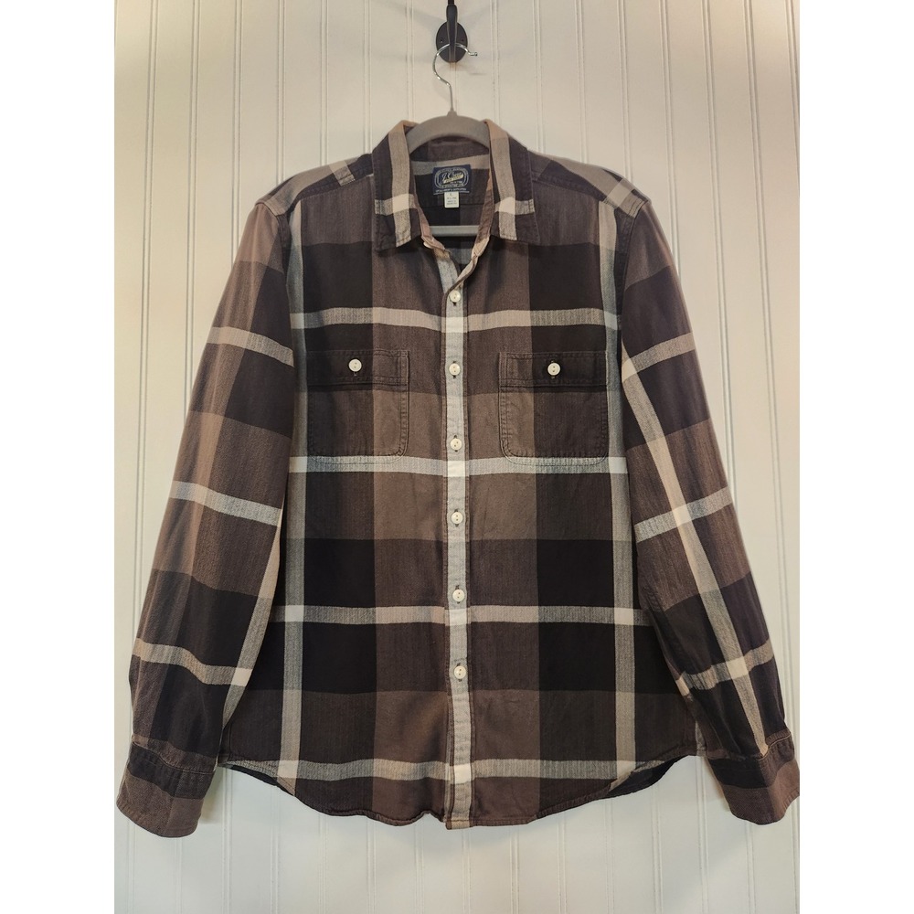 J.Crew Mens Slim Fit Plaid Herringbone Thick Flannel Shirt Brown Grey L Cotton
